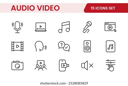 Audio Video Icons Pack. Thin line icons set. Flat icon collection set. Simple outline icons.