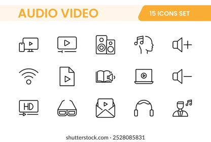 Video Paquete de iconos de audio. Conjunto de iconos de línea delgada. Conjunto de colección de icono plano. Iconos de contorno simples.