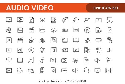 Audio Video Icons Pack. Thin line icons set. Flat icon collection set. Simple outline icons.