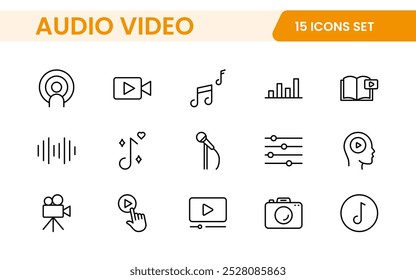 Audio Video Icons Pack. Symbole mit dünner Linie gesetzt. Set mit flachen Symbolen. Einfache Gliederungssymbole.