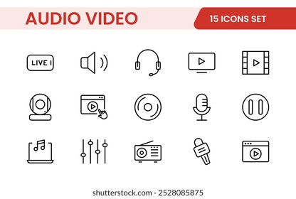 Video Paquete de iconos de audio. Conjunto de iconos de línea delgada. Conjunto de colección de icono plano. Iconos de contorno simples.