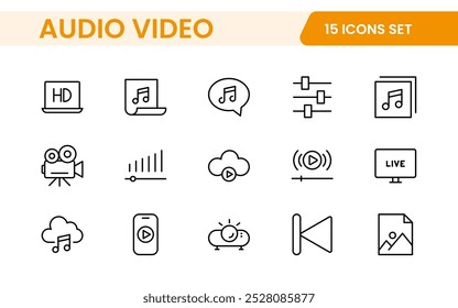 Video Paquete de iconos de audio. Conjunto de iconos de línea delgada. Conjunto de colección de icono plano. Iconos de contorno simples.