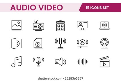 Video Paquete de iconos de audio. Conjunto de iconos de línea delgada. Conjunto de colección de icono plano. Iconos de contorno simples.