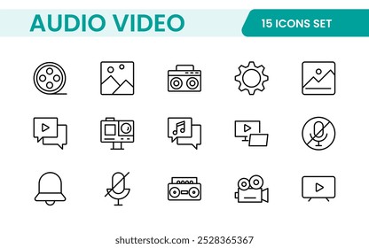 Audio Video Icons Pack. Thin line icons set. Flat icon collection set. Simple outline icons.