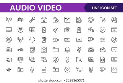 Video Paquete de iconos de audio. Conjunto de iconos de línea delgada. Conjunto de colección de icono plano. Iconos de contorno simples.