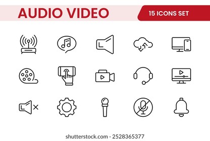 Video Paquete de iconos de audio. Conjunto de iconos de línea delgada. Conjunto de colección de icono plano. Iconos de contorno simples.