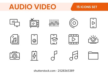 Video Paquete de iconos de audio. Conjunto de iconos de línea delgada. Conjunto de colección de icono plano. Iconos de contorno simples.