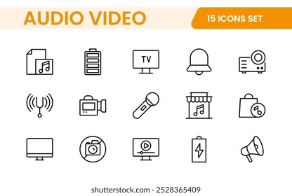 Audio Video Icons Pack. Thin line icons set. Flat icon collection set. Simple outline icons.