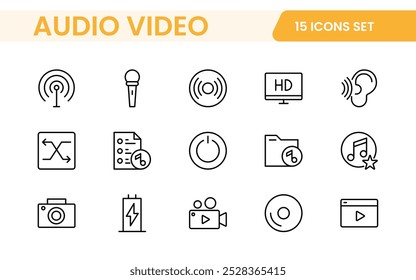 Audio Video Icons Pack. Thin line icons set. Flat icon collection set. Simple outline icons.