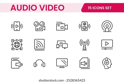 Audio Video Icons Pack. Thin line icons set. Flat icon collection set. Simple outline icons.