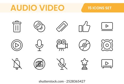 Video Paquete de iconos de audio. Conjunto de iconos de línea delgada. Conjunto de colección de icono plano. Iconos de contorno simples.