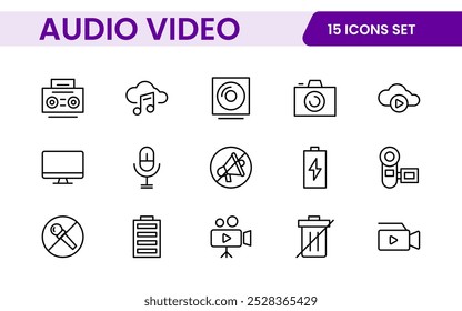 Video Paquete de iconos de audio. Conjunto de iconos de línea delgada. Conjunto de colección de icono plano. Iconos de contorno simples.