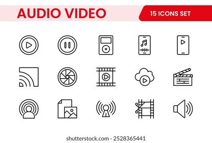 Audio Video Icons Pack. Thin line icons set. Flat icon collection set. Simple outline icons.