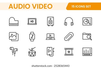 Audio Video Icons Pack. Thin line icons set. Flat icon collection set. Simple outline icons.