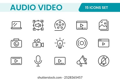 Video Paquete de iconos de audio. Conjunto de iconos de línea delgada. Conjunto de colección de icono plano. Iconos de contorno simples.