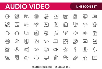 Audio Video Icons Pack. Thin line icons set. Flat icon collection set. Simple outline icons.