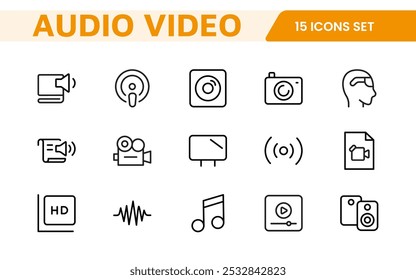 Video Paquete de iconos de audio. Conjunto de iconos de línea delgada. Conjunto de colección de icono plano. Iconos de contorno simples.
