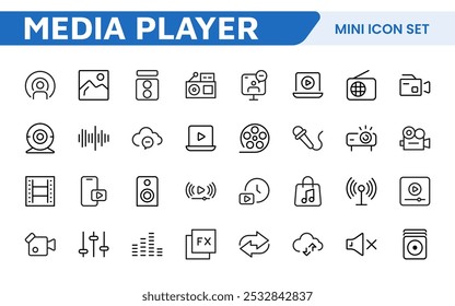 Video Paquete de iconos de audio. Conjunto de iconos de línea delgada. Conjunto de colección de icono plano. Iconos de contorno simples.