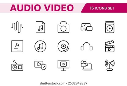 Audio Video Icons Pack. Thin line icons set. Flat icon collection set. Simple outline icons.