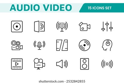 Video Paquete de iconos de audio. Conjunto de iconos de línea delgada. Conjunto de colección de icono plano. Iconos de contorno simples.