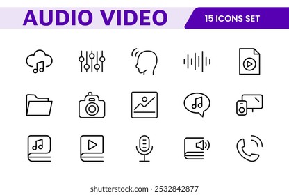 Video Paquete de iconos de audio. Conjunto de iconos de línea delgada. Conjunto de colección de icono plano. Iconos de contorno simples.
