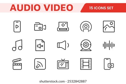 Video Paquete de iconos de audio. Conjunto de iconos de línea delgada. Conjunto de colección de icono plano. Iconos de contorno simples.
