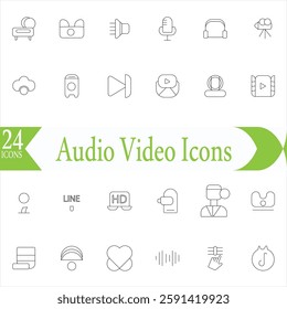 Audio Video Icons Pack. Thin line icons set. Flat icon collection set. Simple outline icons.
