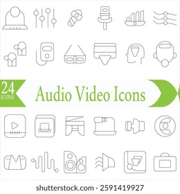 Audio Video Icons Pack. Thin line icons set. Flat icon collection set. Simple outline icons.