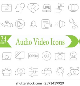 Audio Video Icons Pack. Thin line icons set. Flat icon collection set. Simple outline icons.