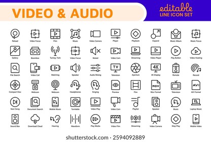 Audio Video Icons Pack. Thin line icons set. Flat icon collection set. Simple outline icons.