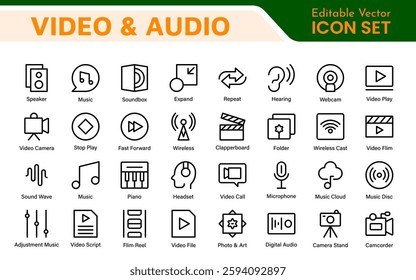 Audio Video Icons Pack. Thin line icons set. Flat icon collection set. Simple outline icons.