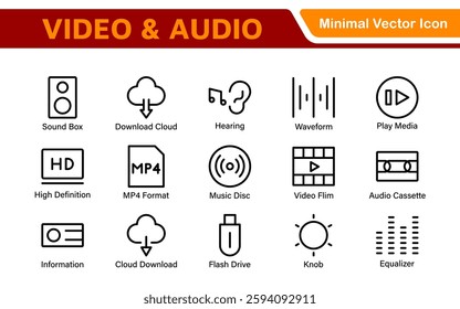 Audio Video Icons Pack. Thin line icons set. Flat icon collection set. Simple outline icons.