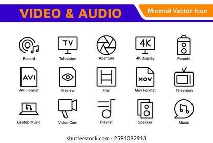 Audio Video Icons Pack. Thin line icons set. Flat icon collection set. Simple outline icons.
