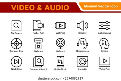 Audio Video Icons Pack. Thin line icons set. Flat icon collection set. Simple outline icons.