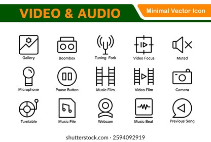 Audio Video Icons Pack. Thin line icons set. Flat icon collection set. Simple outline icons.