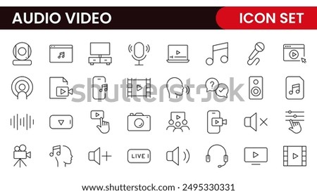 Audio Video Icons Pack. Thin line icons set. Flat icon collection set. Simple outline icons.