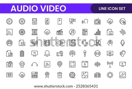 Audio Video Icons Pack. Thin line icons set. Flat icon collection set. Simple outline icons.