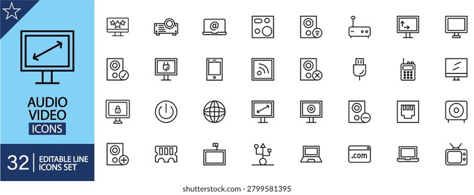 Audio Video icons set. Containing symbols of speakers, microphones, headphones, cameras, video players, recording tools, and multimedia controls. Editable stroke. Vector illustration. Outline icons.