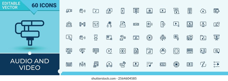 Audio And Video icons set. It contains symbols to simple, set, icon, speaker, video, symbol, entertainment and more. Icons for UI. Editable vector icon and illustration.