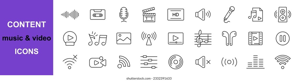 Iconos de audio y vídeo. Conjunto de iconos de línea de contenido. Música, televisión, cámara, micrófono, audífonos, cine, televisión. Ilustración vectorial.