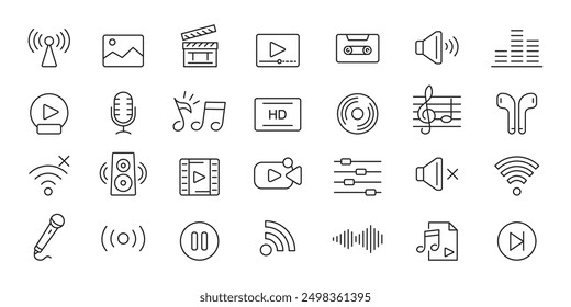 Audio- und Videosymbole eingestellt. Die Symbole der Inhaltszeile sind festgelegt. Musik, Fernsehen, Kamera, Mikrofon, Kopfhörer, Kino, Fernsehen. Vektorgrafik.