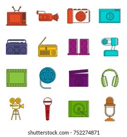 Audio and video icons set. Doodle illustration of vector icons isolated on white background for any web design