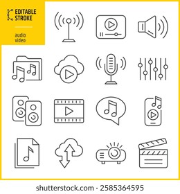 Audio and video icons set. Editable stroke. Line thickness can be changed.