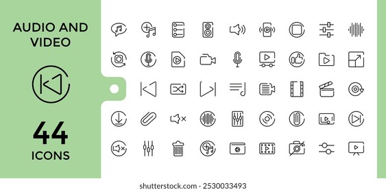 Audio and Video Icons set. Flat icon collection. Thin line icons pack. Simple outline icons. Editable and pixel perfect.
