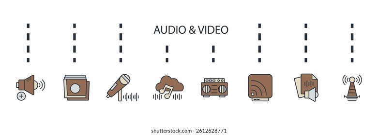 audio and video icons set isolated on White Background Flat style design