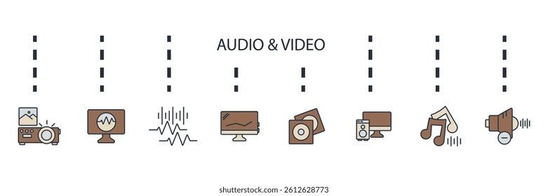 audio and video icons set isolated on White Background Flat style design