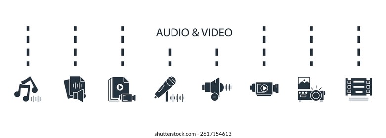 audio and video icons set isolated on White Background Flat style design