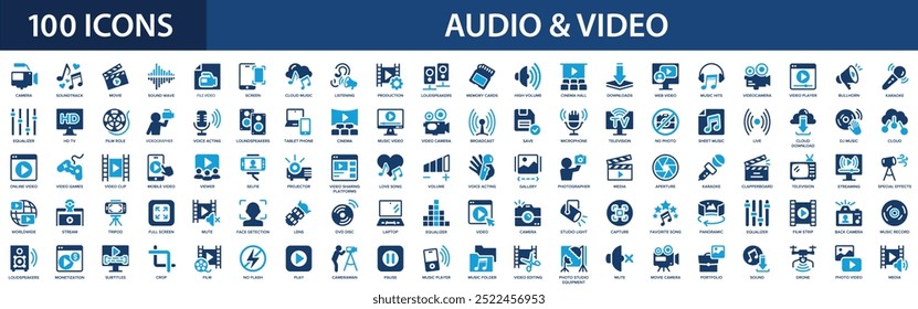 Audio and video icons set. Music, cinema, speaker, song, online, picture, play button.