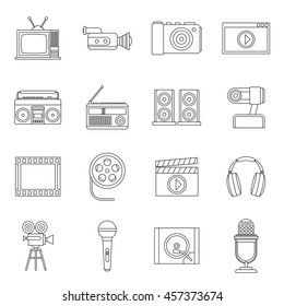 Audio and video icons set in outline style. Multimedia set collection vector illustration