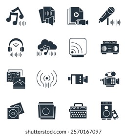 Audio Video icons symbol white. elements for infographic web illustration